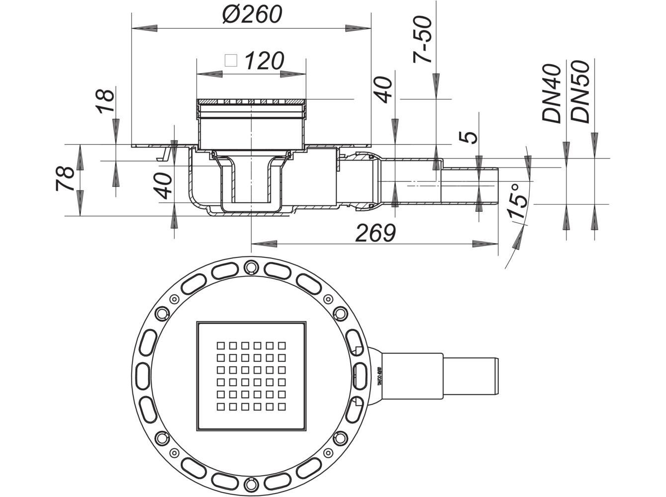 Bodenablauf TistoPlan K 12, DN 40/DN 50, 120 X 120 Mm
