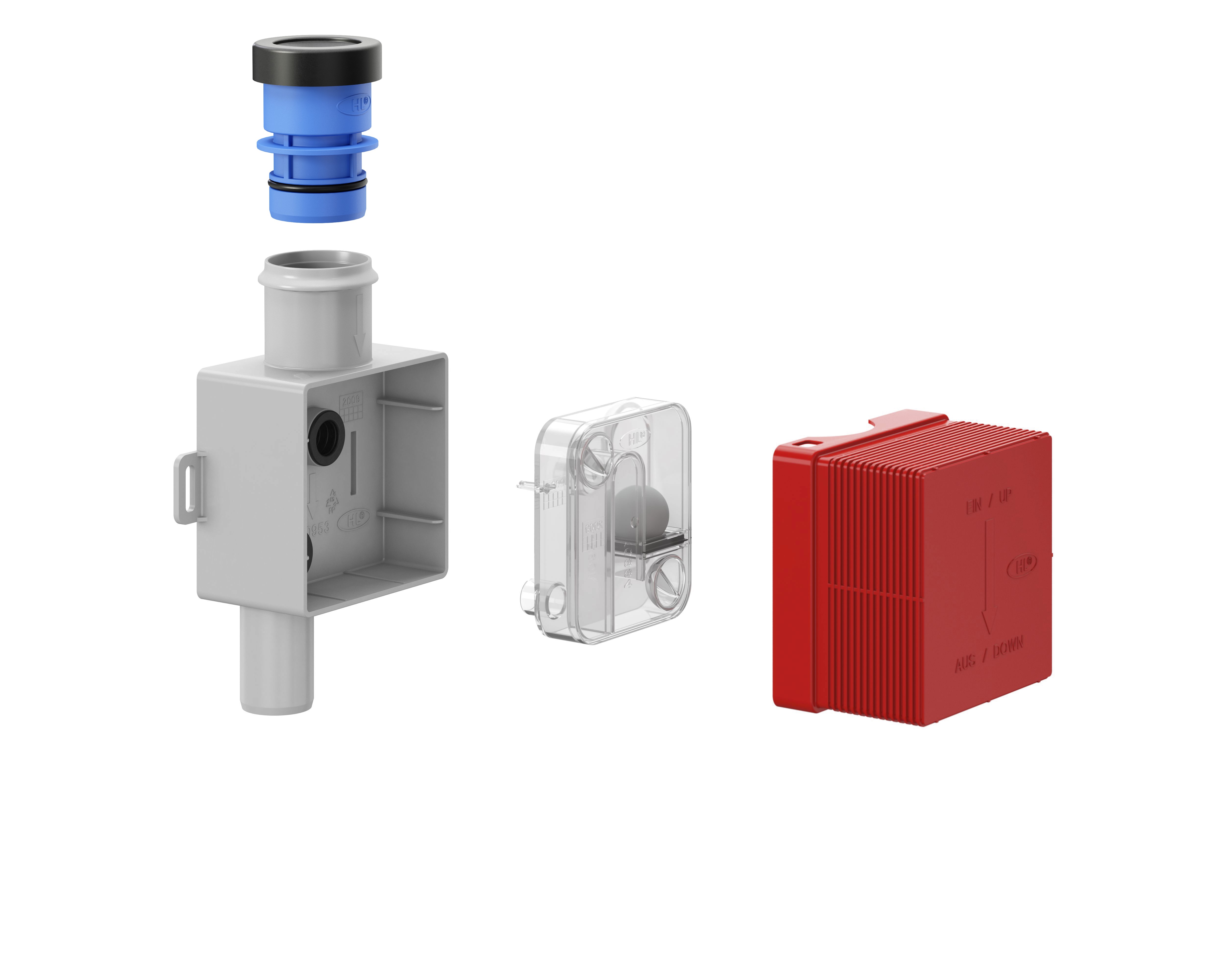 Available as an accessory: The blue hygiene connection adapter for draining condensate into the waste water system in accordance with DIN 1946-4:2008.  Photo: Dallmer GmbH + Co. KG